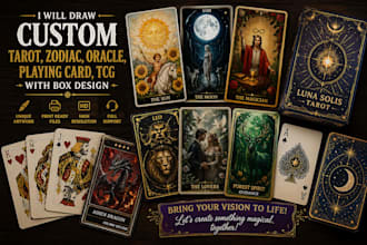 draw custom tarot card, zodiac, oracle, playing card, tcg with box design