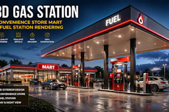 design 3d gas station, convenience store mart and fuel station rendering