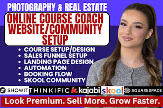 setup photography coach website real estate course on squarespace kajabi showit