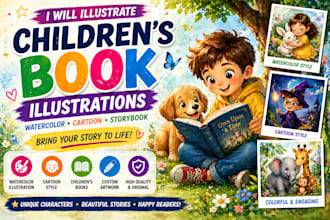 illustrate childrens book, watercolor and cartoon illustrations