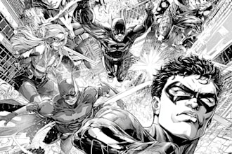 draw black and white comic superhero character line art
