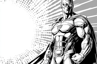 draw black and white comic superhero character line art