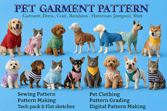 create digital pet clothing sewing pattern and apparel grading for dogs and cats