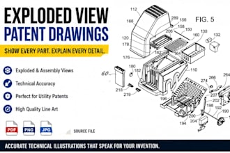 create exploded technical patent drawings to show parts and function