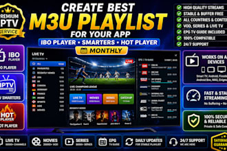 create best m3u playlist for your app, ibo player, smarters, hot player monthly