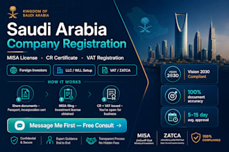 register your company in saudi arabia with misa license, cr, and vat setup
