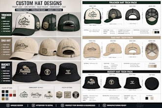 design custom hat or cap with front logo, side patches and tech pack