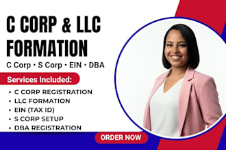 do USA c corp or s corp registration ein, dba filing, tax filing, llc conversion