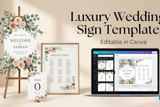 design wedding welcome sign, seating chart and table numbers canva template