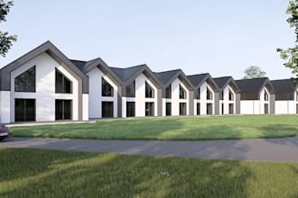 2d draw to realism residential property, townhouse building, community landscape