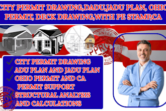city permit drawing, dadu, jadu plan, ohio permit, deck drawing, with pe, ca