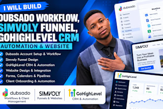 build dubsado workflow, simvoly funnel, gohighlevel CRM automation, website