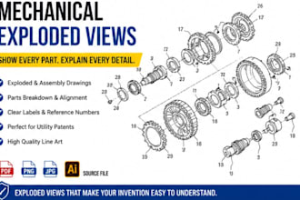 create exploded technical patent drawings for utility and product patents