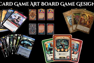 draw card game art, board game design, rulebook box, tcg trading cards design