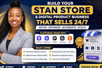 setup stan store, etsy seo listing, payhip, gumroad, beacons ai, tiktok shop