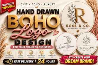 design a unique chic boho hand drawn luxurious logo for your brand botanical log
