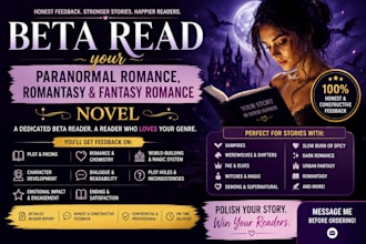 beta read your paranormal romance, romantasy and fantasy romance novel beta read