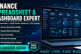 design finance spreadsheet, google sheets dashboard, excel automation and csv