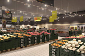 design grocery store, supermarket, retail shop with 3d layout and rendering