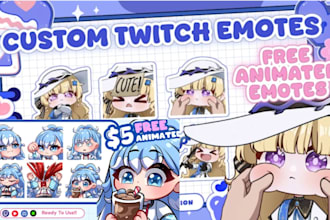 draw twitch emotes, subbadges, chibi animated emotes,24hours brand vtuber stream