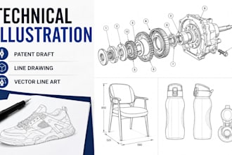 do technical illustration, patent draft, line drawing, and vector line art