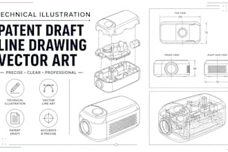 do technical illustration, patent draft, line drawing, and vector line art