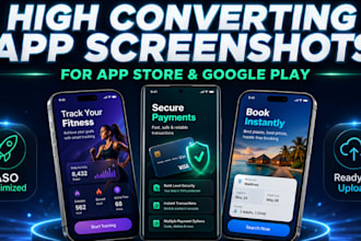 design high converting app store, google play store app screenshots for apps
