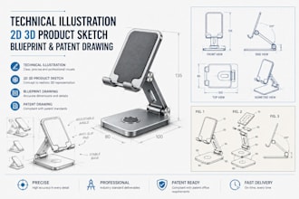 do technical illustration, 2d 3d product sketch, blueprint and patent drawing