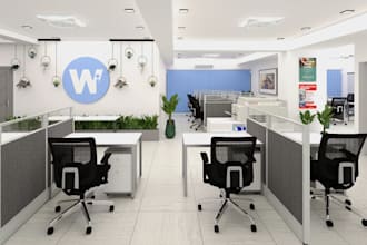 redesign photorealistic 3d office interior render,coworking space,cubicle layout