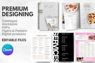 design canva pdfs, workbook, catalogue, digital products