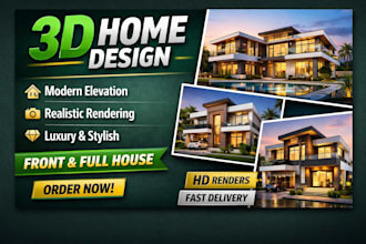 design modern 3d house elevation, exterior and render fast