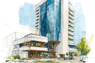 sketch architecture building with watercolor rendering