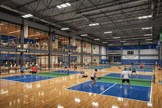 design 3d sports bar, paddle court, pickleball arena and facility rendering