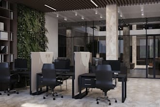 refine modern workspace,3d office interior design, commercial workstation render