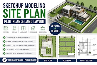 do sketchup modeling, site, plot plan, land layout, site drawing, cross section