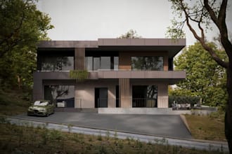 refine 3d modern slope house,outdoor facade,cgi landscaped garden,backyard oasis
