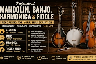 record mandolin, banjo, harmonica, fiddle track for your transcription