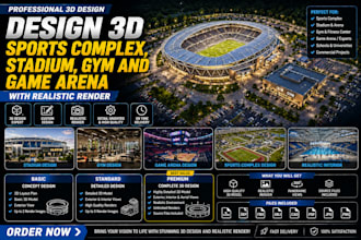 design 3d sports complex, stadium, gym, game arena with realistic render