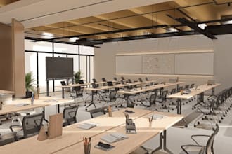 automate 3d office interior, co working space, conference room, cgi marble wall