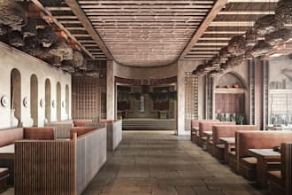 turn 2d plan into 3d traditional restaurant interior render, seating area layout