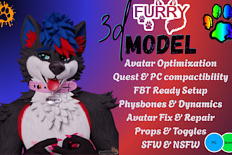 create 3d furry vrchat avatar for pc, quest and vtubing