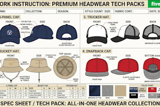 create cap tech pack, headwear tech pack for trucker caps and streetwear caps