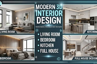 do modern 3d interior design for your living room bedroom, kitchen or full house