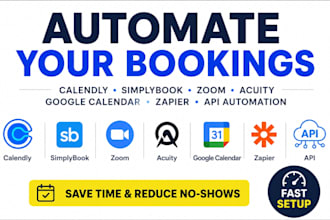 set up calendly, simplybook, acuity, zoom, google calendar and zapier automation