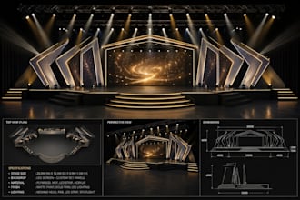 do photorealistic 3d stage design, lighting design stage layout design