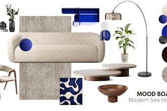 do interior mood board with shoping list and room layout