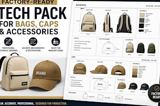 create factory ready tech pack for bags, caps, and accessories