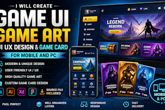 create game ui game art, ui ux design game card for  mobile and pc