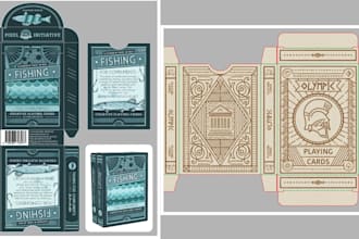 design playing card game tuck box packaging with mockup and rulebook for print