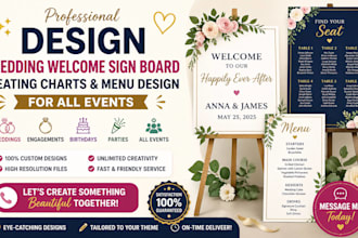 design wedding welcome sign board seating charts menu design for all events